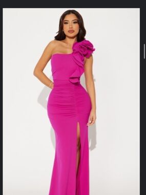 Fashion Nova One-Shoulder Fuchsia Gown with Floral Accent